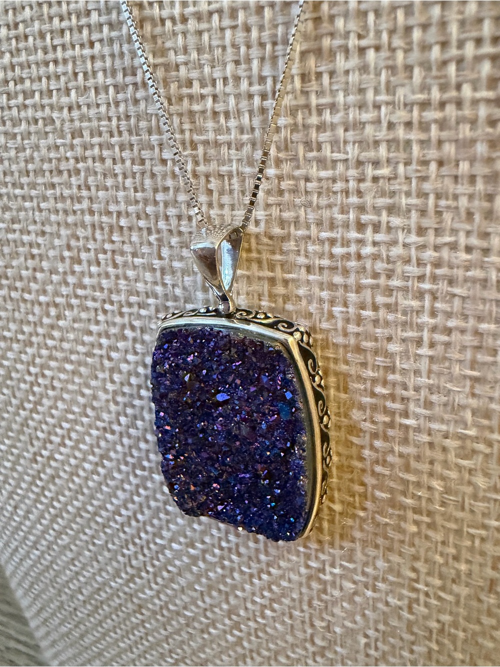 Sterling Silver 925 Purple Druzy Pendant Necklace NWT